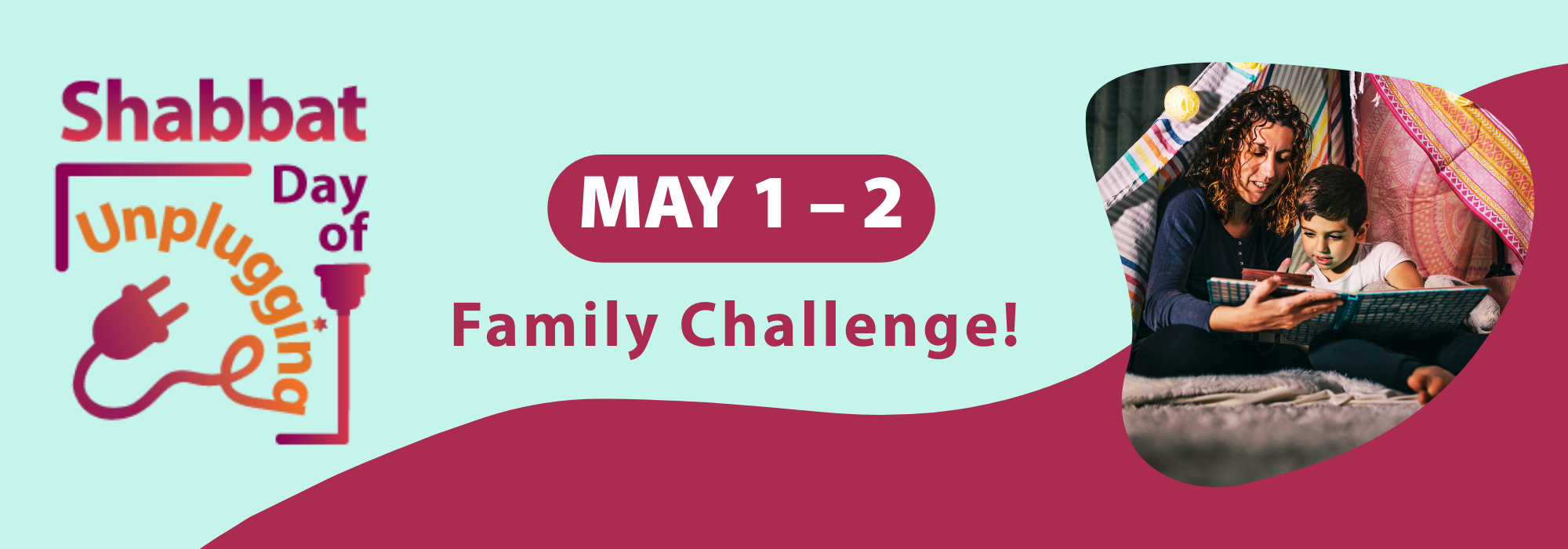 A mother and son read a book in a blanket fort in their house on Shabbat.